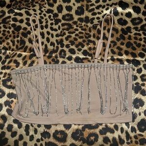 SHEIN Beige Crop Top with Layered Hanging Rhinestones
